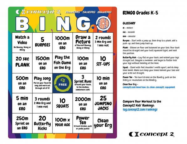 Concept2 BINGO board for kids grades Kindergarten-5th grade. Click to open a full-size image you can print.