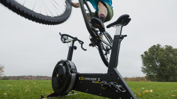 Jumping a BikeErg on a mountain bike